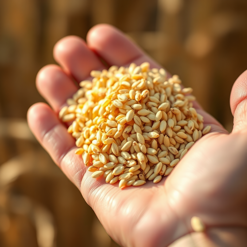 A close-up shot of a hand gently holding a handful of freshly harvested organic millet. The background is blurred, creating a soft and natural feel. The lighting is warm and inviting, emphasizing the purity and natural goodness of the grain. 4K resolution, macro detail.