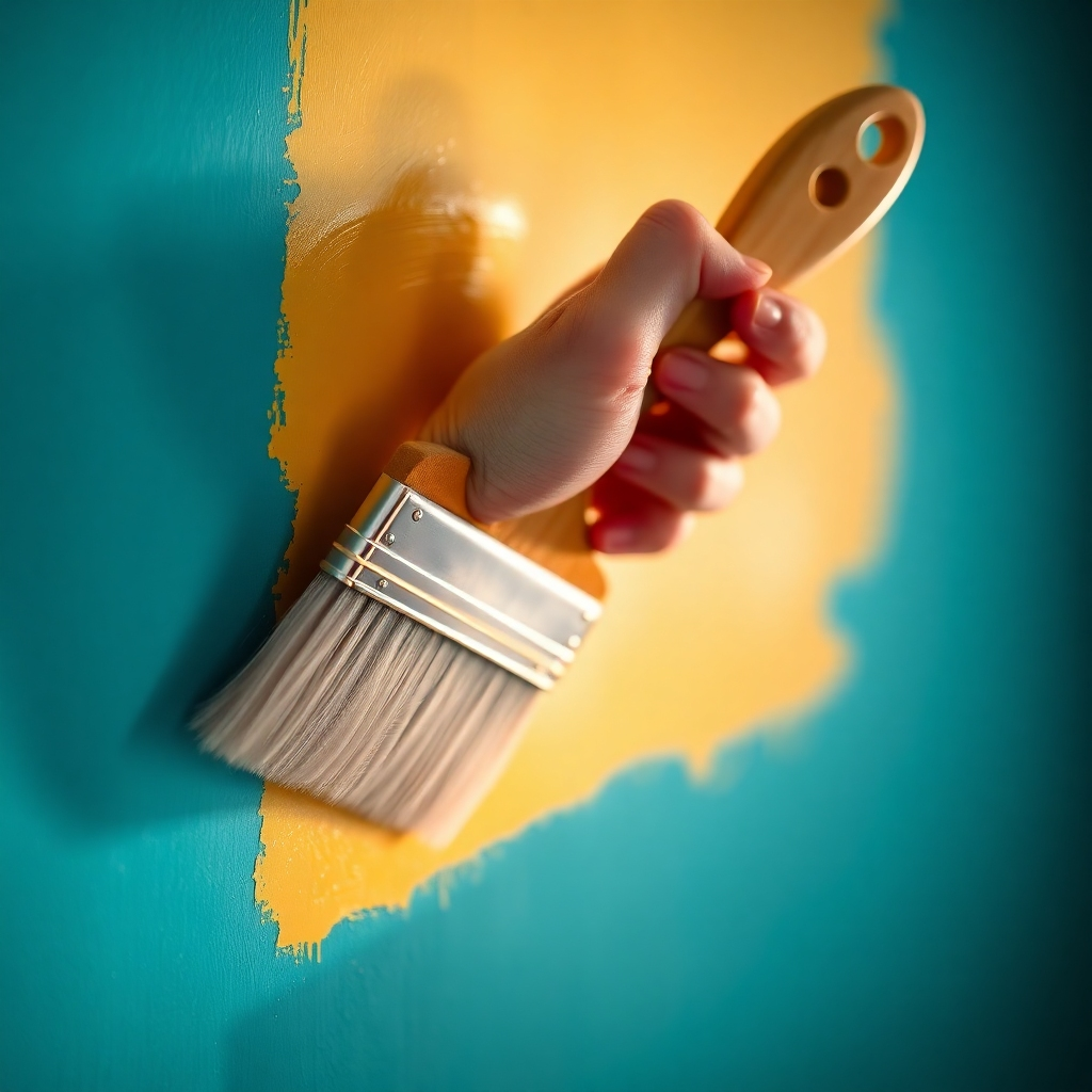 A close-up shot of a painter's hand carefully applying a smooth, even coat of high-quality paint to a wall. Focus on the texture of the paint, the precision of the brushstrokes, and the reflection of light on the newly painted surface. Use a shallow depth of field to blur the background and emphasize the skill and artistry involved in the painting process. The color palette should be rich and vibrant, showcasing the depth and richness of the paint. The lighting should be soft and natural, highlighting the quality of the materials and the meticulous craftsmanship.