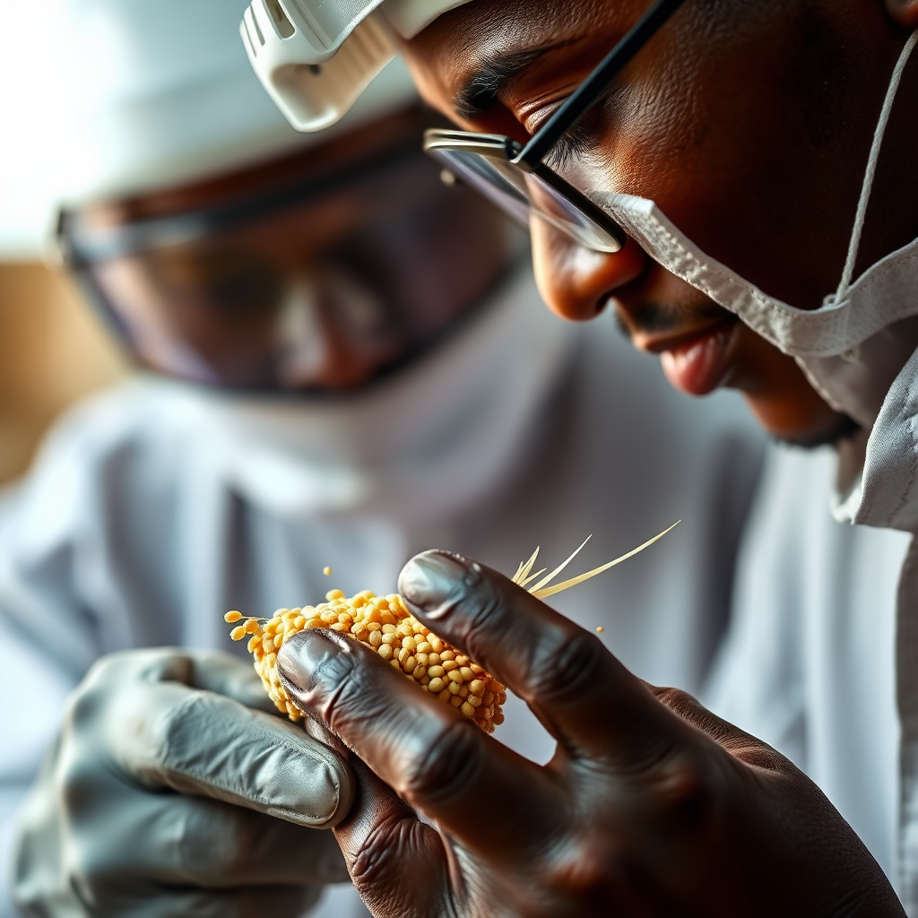 A close-up shot of a quality control expert inspecting a sample of millet, showcasing the rigorous standards that Mnandinandi adheres to. The image should convey trust and assurance. 4K resolution, detailed texture.