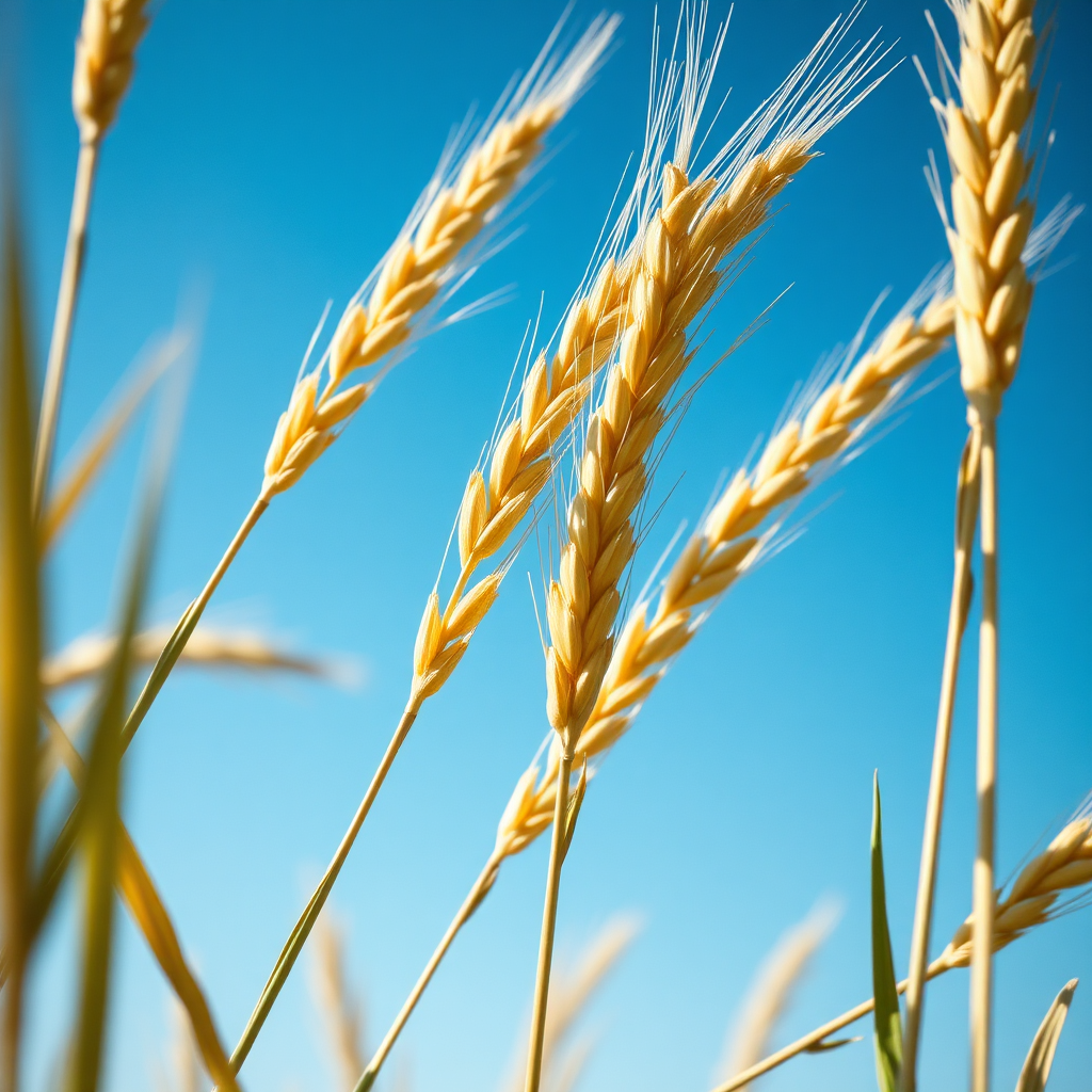 A close-up shot of freshly harvested millet stalks swaying gently in the breeze under a bright blue sky. The lighting is natural and vibrant, highlighting the golden color of the grain. The image should evoke a sense of freshness and vitality. 4K resolution, high quality detail.