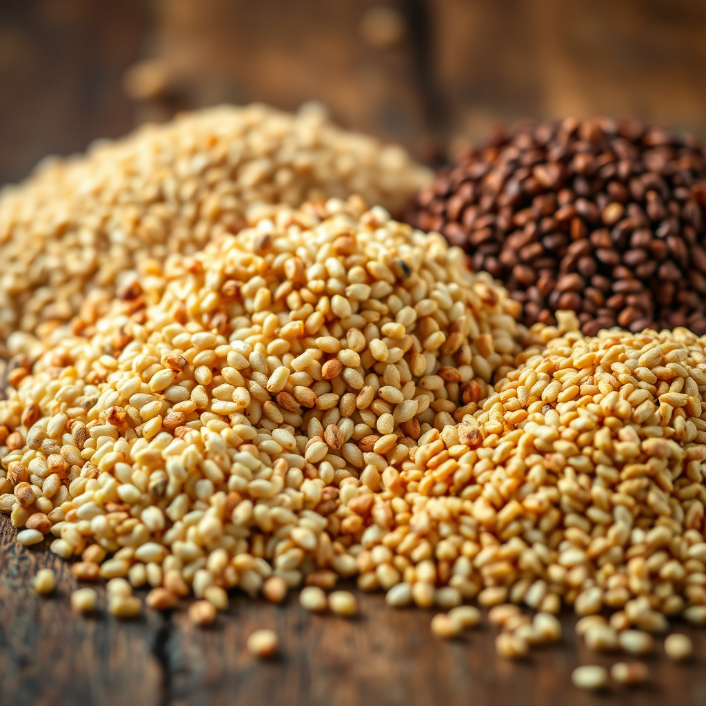 A close-up shot of various Zimbabwean grains (millet, sorghum, rapoko) arranged artfully on a rustic wooden surface. The grains are brightly lit to showcase their unique textures and colors. Utilize a shallow depth of field to draw focus to the foreground. The image should evoke a sense of authenticity and natural goodness, similar to food photography found in high-end culinary magazines. 4K resolution, detailed textures.