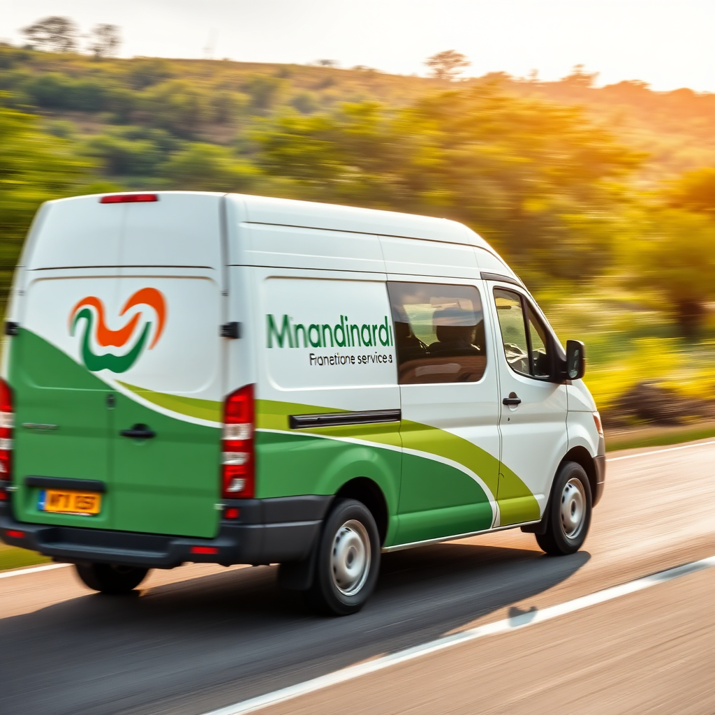 A delivery van with the Mnandinandi logo speeding down a rural road, suggesting efficient and prompt service. The landscape around is lush and green. Technical Specs: 4k, motion blur, daytime.