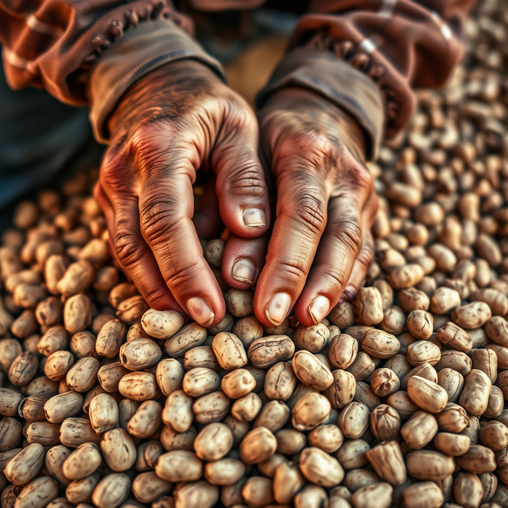 A farmer's weathered hands carefully sifting through a pile of peanuts, inspecting them for quality. Focus on the texture of the hands and the peanuts. Use warm, natural lighting. Technical Specs: 4K, macro lens, shallow depth of field.