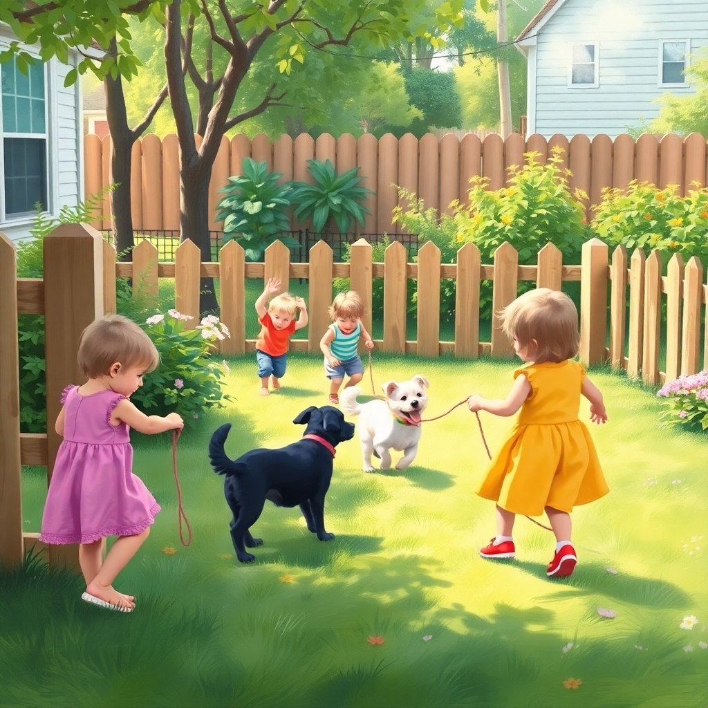 A heartwarming image of children and/or pets playing safely in a backyard enclosed by a sturdy and attractive fence. The scene should convey a sense of security and happiness.