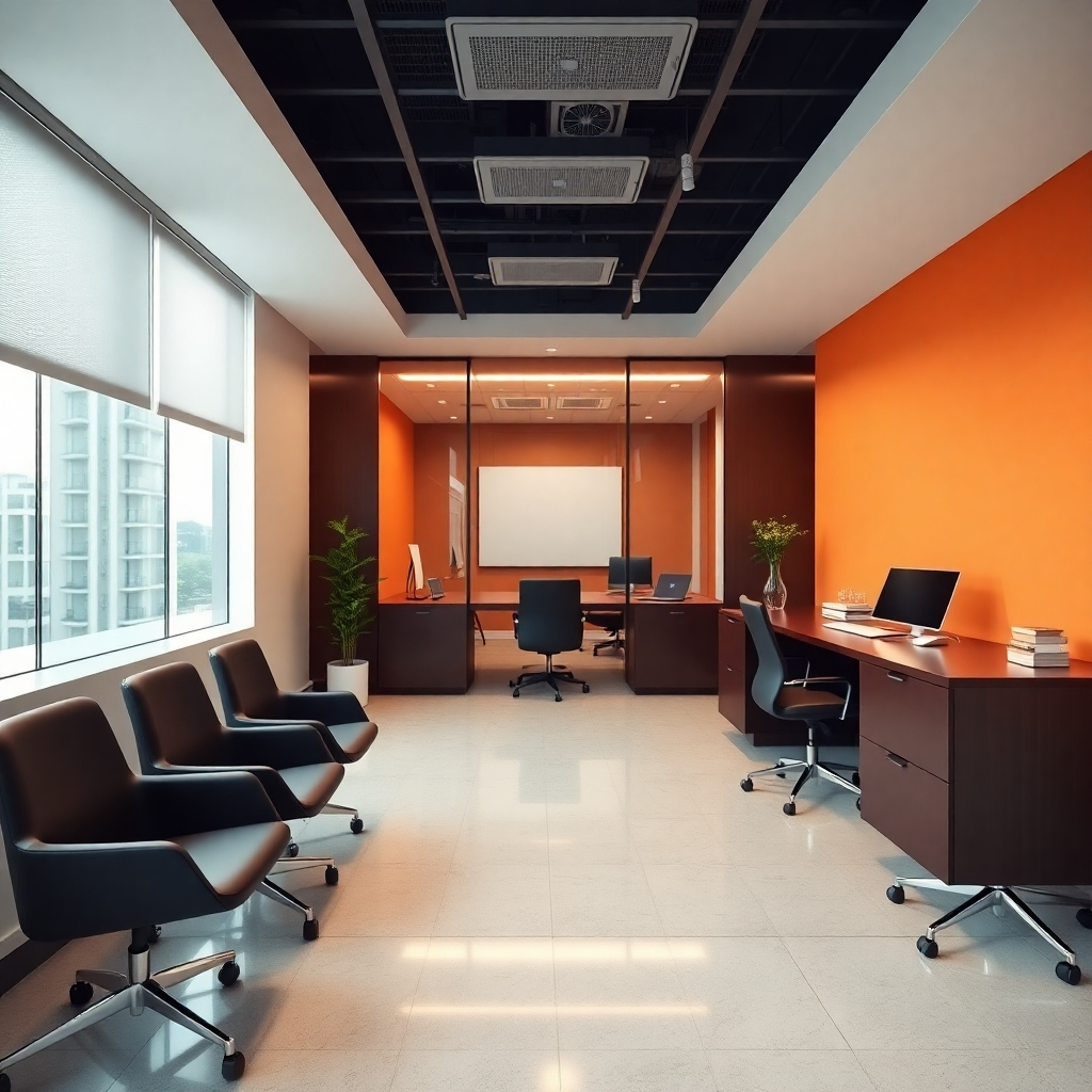 A modern office space with sleek, freshly painted walls and a professional atmosphere. Focus on the clean lines, the use of color to create a positive and productive environment, and the overall sense of professionalism.