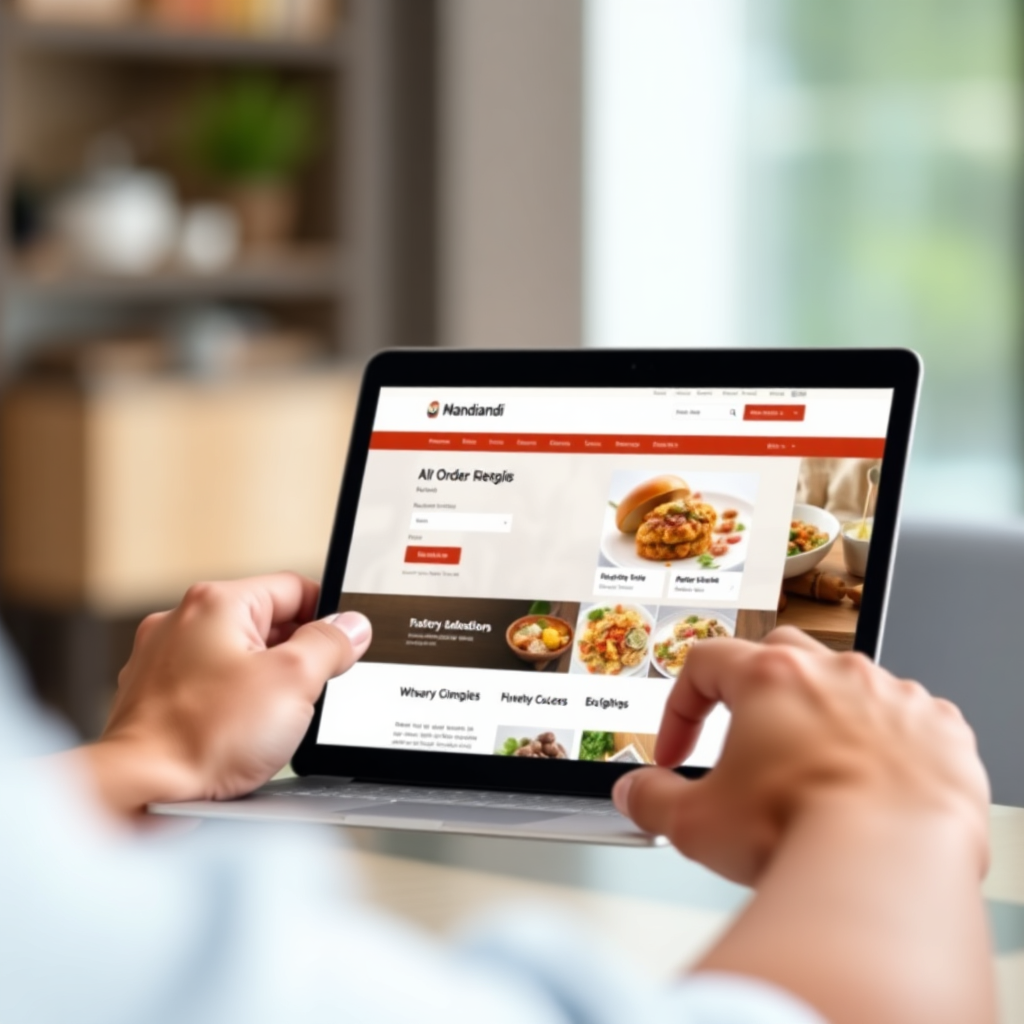 A person's hands using a laptop to browse the Mnandinandi website, showcasing the easy online ordering process. The focus is on the laptop screen, highlighting the user-friendly interface. The background is blurred, creating a sense of depth. The image should evoke convenience and accessibility. 4K resolution, modern design.