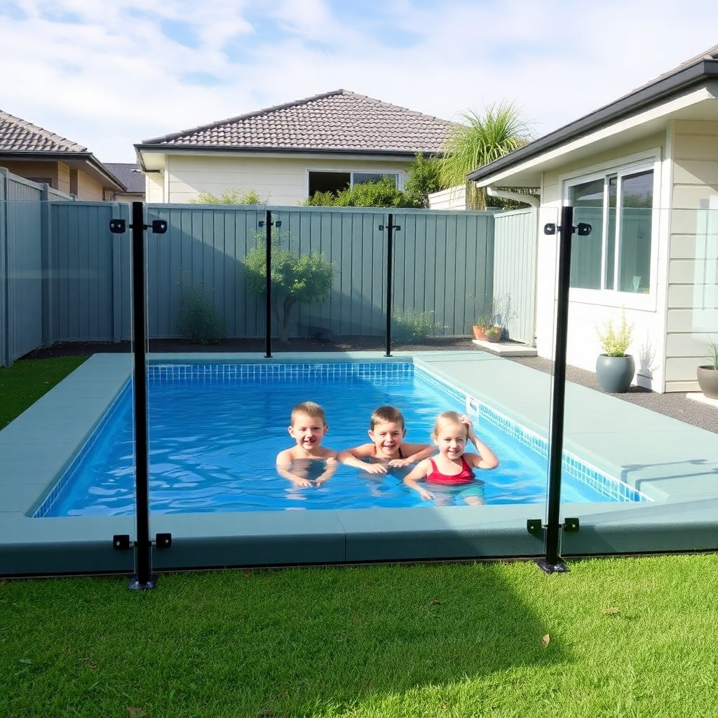 A photorealistic image of a backyard swimming pool in Auckland, enclosed by a compliant and attractive pool fence. The fence should be transparent or semi-transparent, allowing for clear visibility of the pool area. Include happy children in the pool.