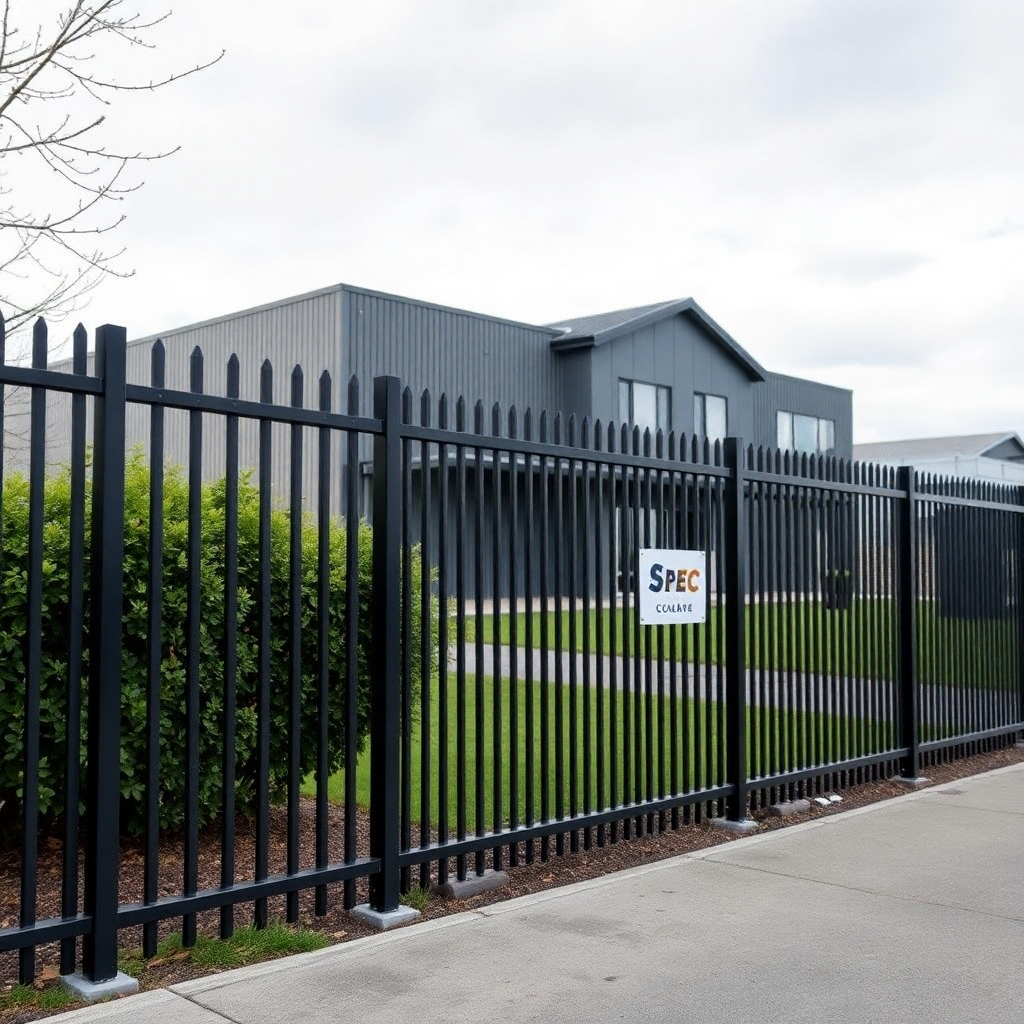 A photorealistic image of a commercial property in Auckland, secured with a strong and professionally installed fence. The fence should convey a sense of security and professionalism. Include subtle branding elements.