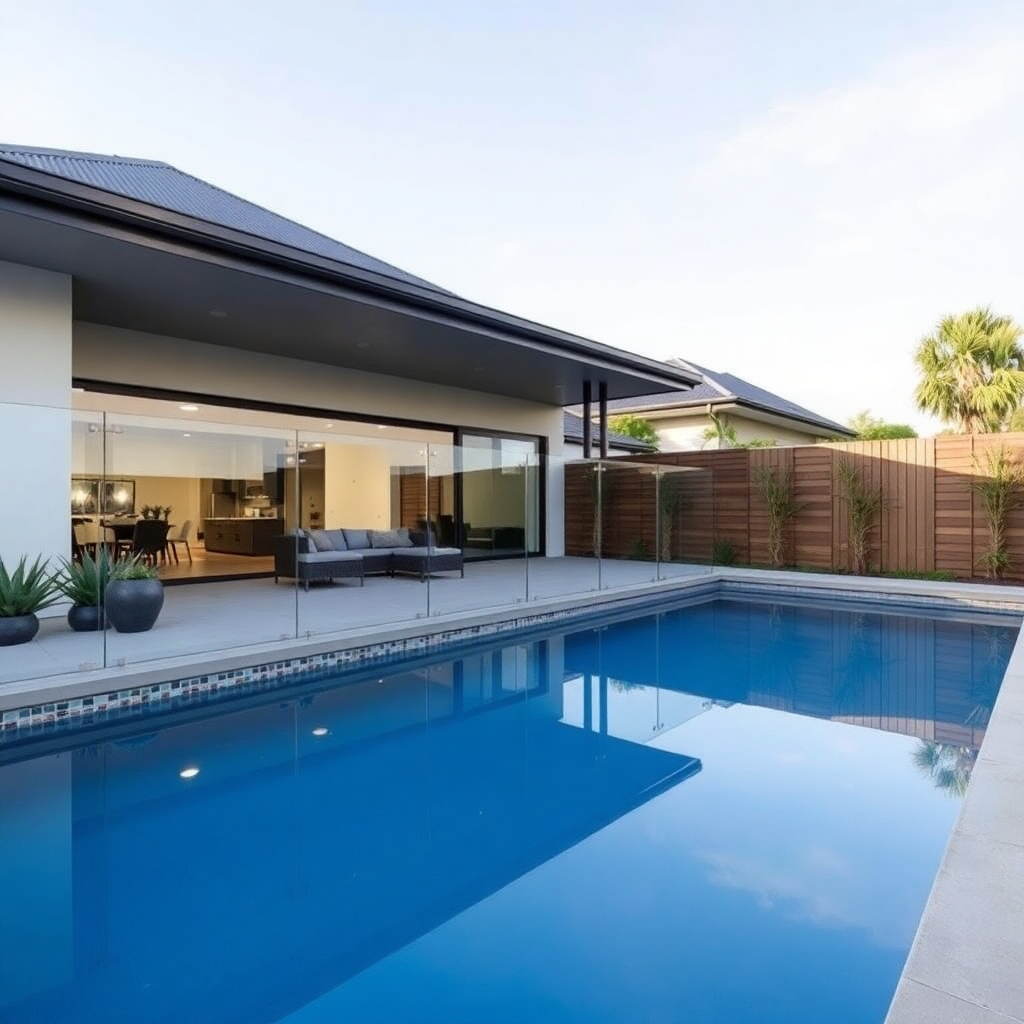 A photorealistic image of a modern Auckland backyard with a swimming pool enclosed by a stylish and compliant glass pool fence. The image should convey the safety and elegance of our pool fencing options.