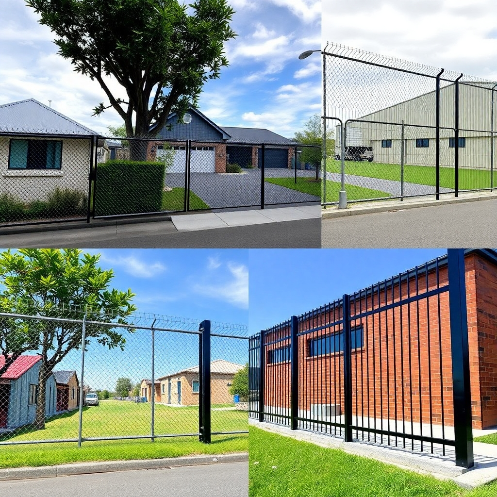 A photorealistic image of various commercial properties in Auckland secured with different types of commercial fencing (chain-link, security, ornamental iron). The image should emphasize the strength and security of our commercial fencing options.