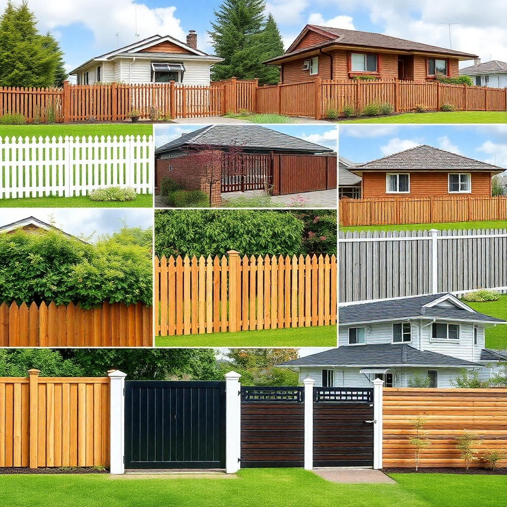 A photorealistic image showcasing a variety of residential fence styles (picket, privacy, decorative) installed around different types of homes in Auckland. The image should convey the versatility and aesthetic appeal of our residential fencing options.