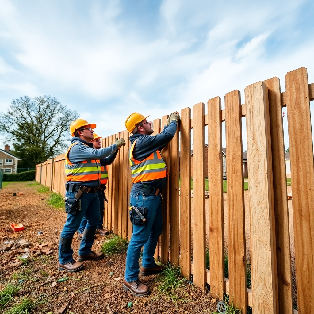  A time-lapse style image, compressed to show a team of BuildersquoreLTD professionals efficiently erecting a fence. Focus on the speed and precision of the work. Include modern tools and equipment. Capture a full-frame view.