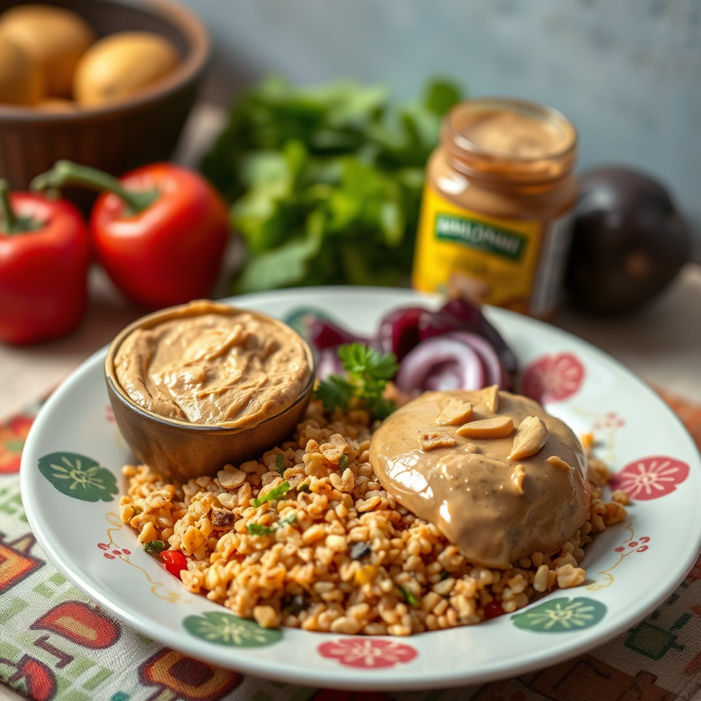 A vibrant and healthy meal featuring Mnandinandi's organic millet (mhunga) and peanut butter. The meal is presented on a colorful plate with fresh vegetables. Use bright, natural lighting. Technical Specs: 4K, studio lighting, food photography style.