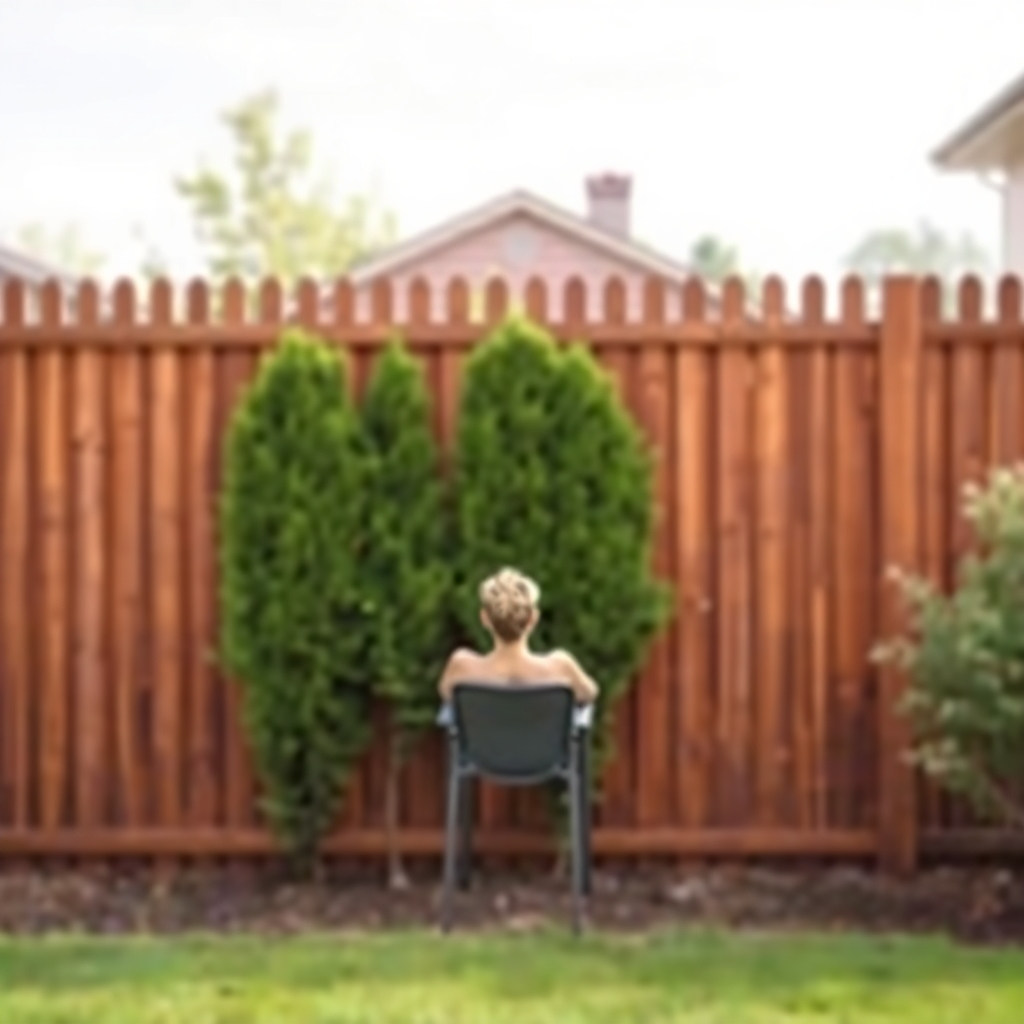 An image illustrating privacy achieved by a fence. A person relaxing in their backyard, shielded from view by a tall, stylish fence. Soft focus on the surroundings, emphasizing the feeling of seclusion.