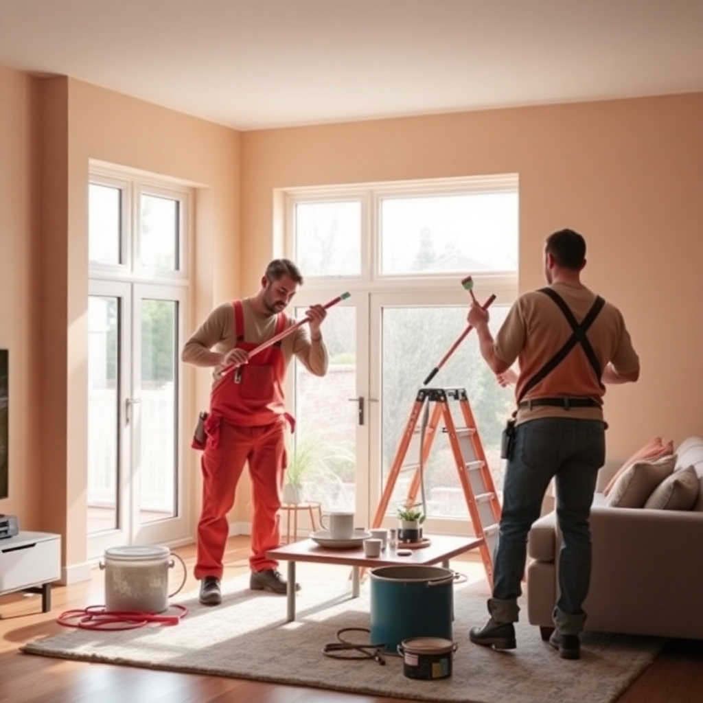 Create a 4K, high-quality image portraying a team of professional painters from BuildersQuoteLtd meticulously working on the interior of a home. The setting should be a bright, airy living room with large windows and modern furniture. The painters should be depicted with attention to detail, showcasing their skill and precision. Focus on aspects like smooth brush strokes, careful masking, and the use of professional-grade equipment. The color palette should be warm and inviting, reflecting the sense of comfort and transformation. The overall composition should emphasize teamwork, professionalism, and the passion for creating beautiful spaces. Consider a slightly elevated camera angle to capture the entire scene and the harmonious collaboration between the painters. A touch of natural light filtering through the windows would enhance the realism and warmth of the image.