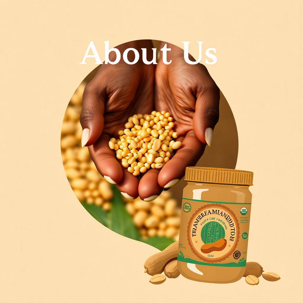 Create a stylized image for the 'About Us' section of Mnandinandi, a Fresh Farm Organic Food Shop. The image should feature a montage of elements representing the brand's core values: a farmer's hands gently holding millet grains, a close-up of peanuts being harvested, and a jar of peanut butter with a traditional Zimbabwean pattern on the label. The background should be a subtly textured earth tone. The overall style should be warm and inviting, with a touch of rustic charm. Use a color palette of earthy browns, greens, and yellows. Camera angle: medium shot, focusing on the hands and the products. Style reference: illustration, with a modern, clean aesthetic. Technical specs: 4K resolution, high quality, soft lighting.