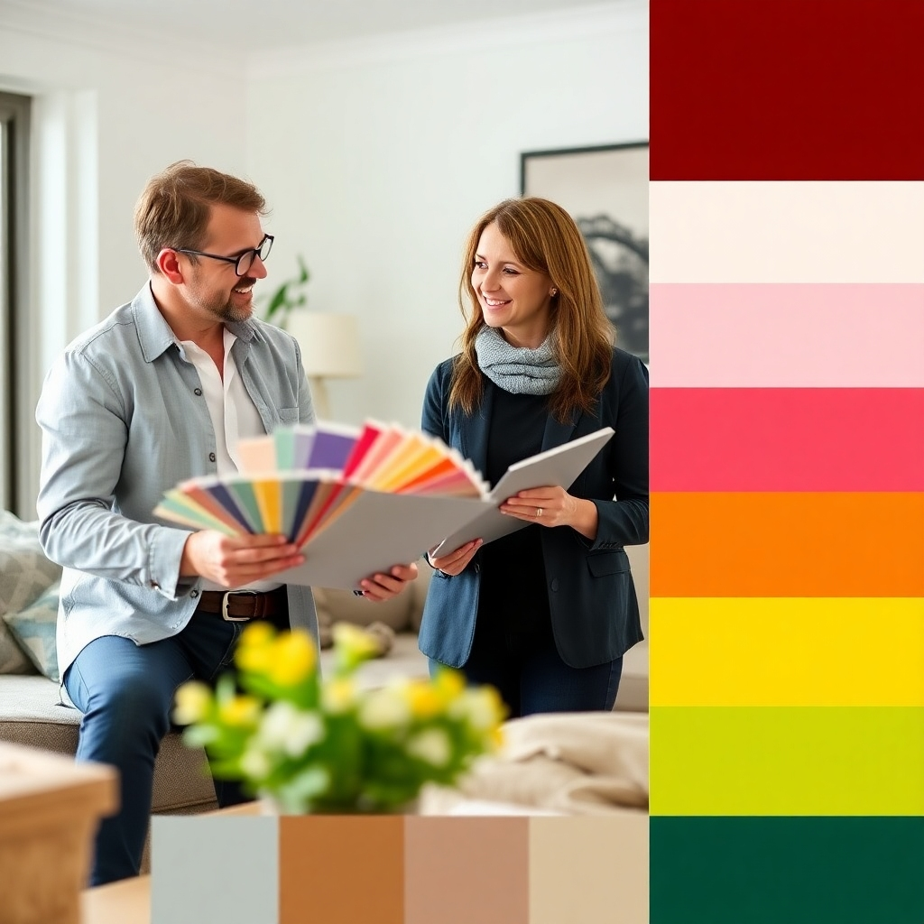 Depict a friendly and knowledgeable color consultant from BuildersQuoteLtd working with a homeowner in Auckland. The scene should showcase the consultant presenting a range of color swatches and discussing design options. Focus on their interaction and the collaborative process of selecting the perfect color palette. The environment should be a well-lit and comfortable living space, enhancing the sense of creativity and inspiration. The color palette should be diverse and harmonious, reflecting the wide range of possibilities for home transformation.