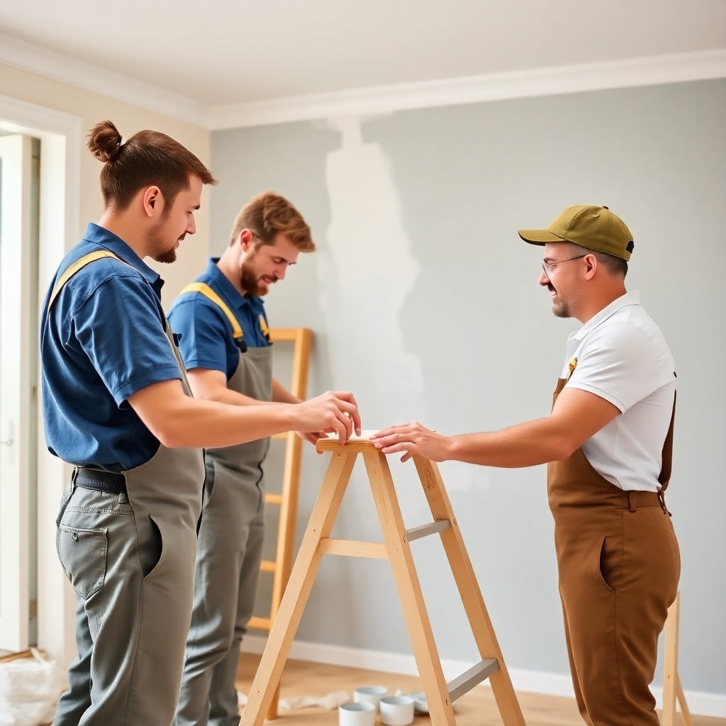 Depict a group of experienced painters from BuildersQuoteLtd collaborating on a complex painting project in Auckland. The scene should showcase their teamwork, expertise, and attention to detail. Consider a composition that captures their interaction and the seamless coordination of their efforts. The environment should be a residential setting, highlighting the transformation they are bringing to the space. The color palette should be warm and inviting, reflecting the positive impact of their work. The lighting should be natural and soft, enhancing the authenticity and realism of the image.