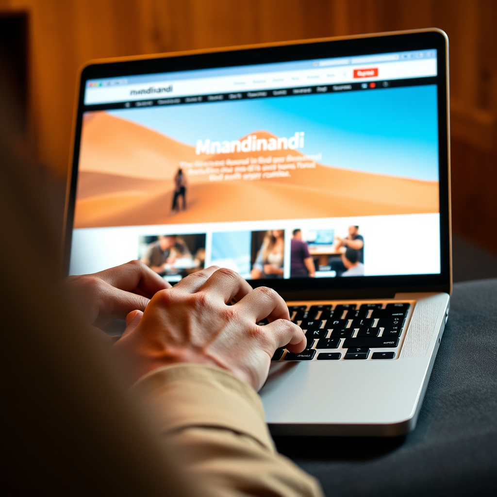 Hands typing on a laptop keyboard, with the Mnandinandi website displayed on the screen. The scene is warmly lit, suggesting ease and accessibility. Focus on the keyboard and the screen. Technical Specs: 4k, natural lighting.