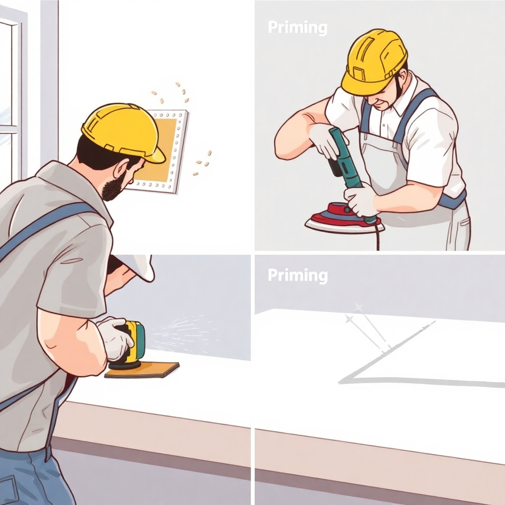 Illustrate the process of surface preparation by BuildersQuoteLtd painters, including cleaning, sanding, and priming. The scene should showcase the meticulous attention to detail and the use of professional-grade equipment. Focus on the key steps involved in preparing the surface for painting, such as removing imperfections, applying primer, and creating a smooth, even base. The lighting should be bright and focused, highlighting the precision and care involved in the process.