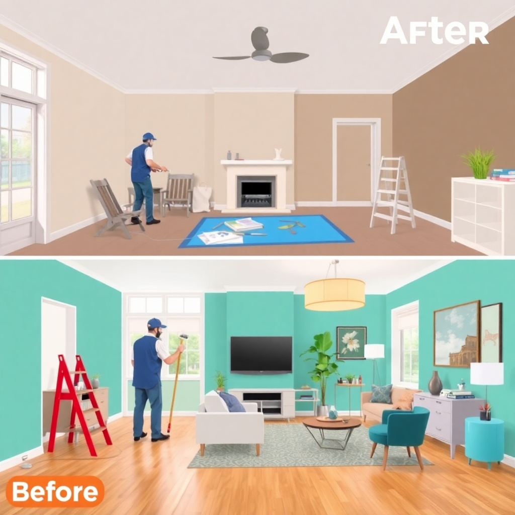 Illustrate the transformation of a room during a home renovation project, with BuildersQuoteLtd painters working diligently. Use a before-and-after composition to showcase the dramatic impact of the painting work. The 'before' scene should depict a dull, outdated room, while the 'after' scene should reveal a vibrant, modern space with fresh paint and stylish decor. Focus on the key elements of the renovation, such as new flooring, lighting, and furniture, to create a cohesive and visually appealing image. The color palette should be bright and inviting, reflecting the positive energy of the renovation process.