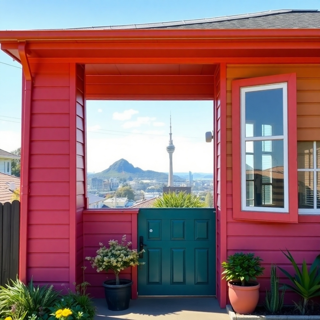 Showcase a beautifully painted home exterior in Auckland, with the distinctive Auckland landscape in the background (e.g., Rangitoto Island or the Sky Tower). The lighting should be bright and sunny, highlighting the vibrant colors of the paint and the stunning natural surroundings. Focus on the contrast between the man-made structure and the natural environment, emphasizing the harmonious integration of the two. Consider a wide-angle shot to capture the full scope of the scene and the unique character of Auckland. The overall composition should evoke a sense of pride, beauty, and the importance of preserving local architecture.