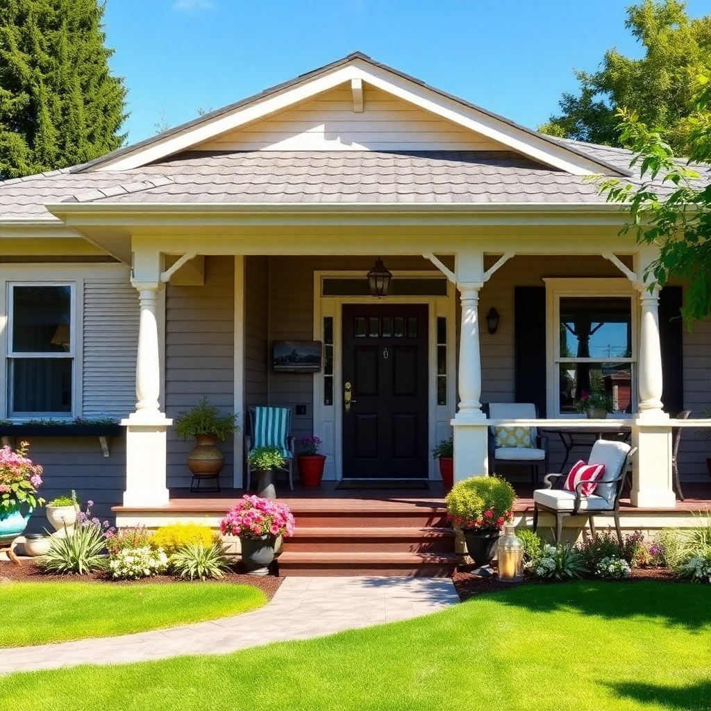 Showcase a freshly painted home exterior in Auckland, with attention to detail in the trim, siding, and other architectural elements. The scene should depict a well-maintained property with vibrant colors and a welcoming atmosphere. The lighting should be bright and sunny, highlighting the beauty of the home and its surroundings. Consider adding elements such as a manicured lawn, colorful flowers, and stylish outdoor furniture to enhance the overall appeal. The composition should evoke a sense of pride and satisfaction in homeownership.