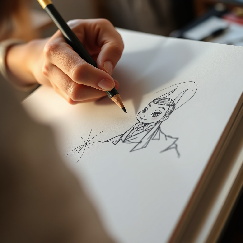 A close-up, photorealistic image of an artist sketching a new character design in a sketchbook. The artist's hand should be visible, holding a pencil and creating intricate details. The lighting should be soft and natural, highlighting the creative process. The overall style should be artistic and inspiring, reflecting the importance of originality and creativity.