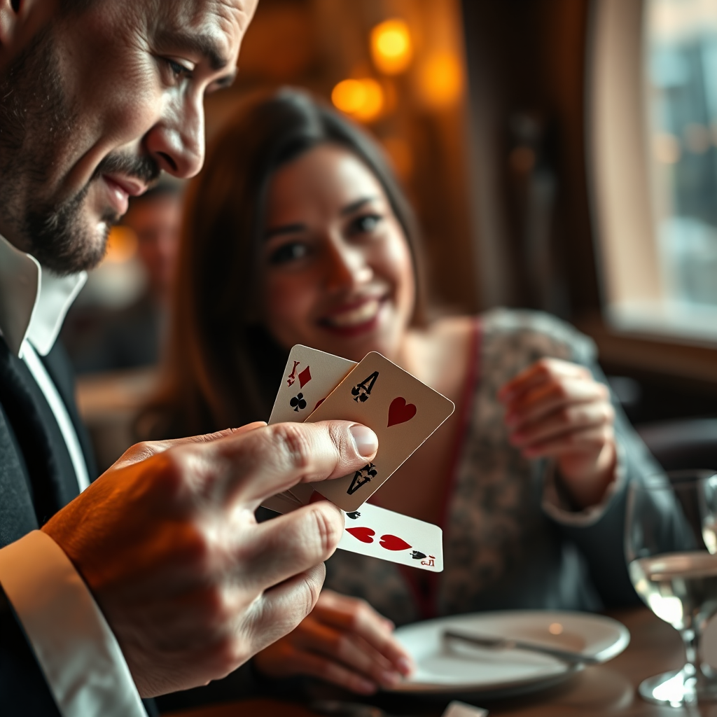 A close-up shot of a magician performing a card trick directly in front of a restaurant guest. The guest's eyes are wide with amazement and excitement. The focus is on their facial expressions and the interaction between them. Soft, warm lighting enhances the intimate atmosphere. The magician's hands are clearly visible, showcasing their skill and precision. Hyperrealistic details of the faces, cards, and surrounding environment. 4K resolution, high quality.