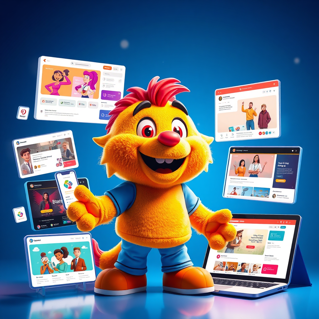A dynamic image showing a mascot character interacting with a variety of digital content, such as social media posts, animated videos, and website graphics. The character should be energetic and engaging, capturing the attention of viewers. The lighting should be bright and vibrant, reflecting the excitement and energy of the digital world. The composition should be visually appealing, with a clear focus on the character's interaction with the content.