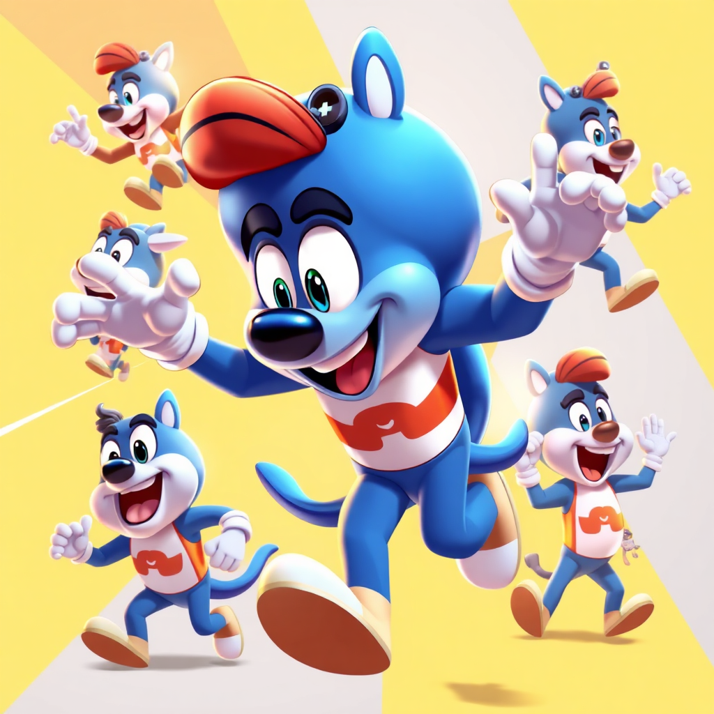 A dynamic image showing a mascot character in motion, performing a variety of actions and expressions. The animation should be smooth and fluid, conveying a sense of energy and personality. The lighting should be bright and vibrant, reflecting the excitement and dynamism of animation. The overall style should be fun and engaging, showcasing the power of animation to bring characters to life.