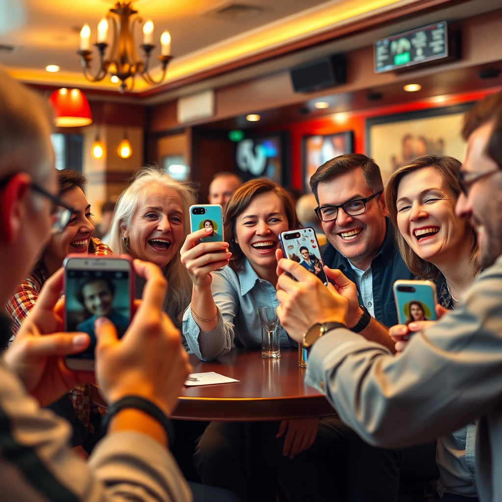 A group of restaurant patrons enthusiastically sharing photos and videos of a magic performance on their smartphones. They are laughing and talking excitedly about their experience. The restaurant environment is bustling and lively. Capture the energy and excitement of the moment. Focus on the smartphones and the positive reactions of the customers. The color palette should be bright and cheerful. 4K resolution, high quality.