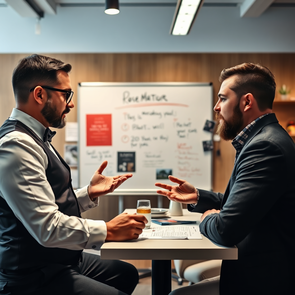 A magician consulting with a restaurant owner, discussing ways to integrate magic into the restaurant's marketing strategy. The scene is set in a modern office environment, with a whiteboard and various marketing materials. The focus is on the collaboration and the brainstorming process. Use professional lighting and a clean, modern aesthetic. 4K resolution, high quality.