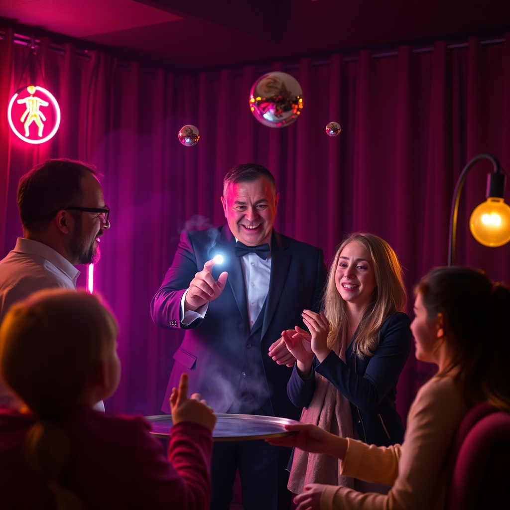 A magician in a dark room with neon lights and levitating objects. The scene should convey warmth, happiness, and shared experience. Focus on the family's interactions and their positive reactions to the performance. The color palette should be bright and cheerful. 4K resolution, high quality.