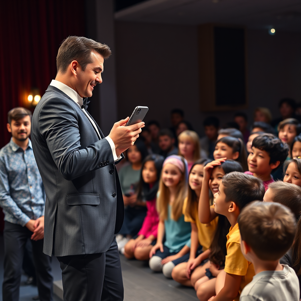 A magician in a stage, wearing a casual elegant custome, with his smartphone performing a digital magic trick to a young audience. The scene should convey that the magician and the crowd feel comfortable during the performance. Focus on the magician's interactions and their positive reactions to the performance. The color palette should be bright and cheerful. 4K resolution, high quality.