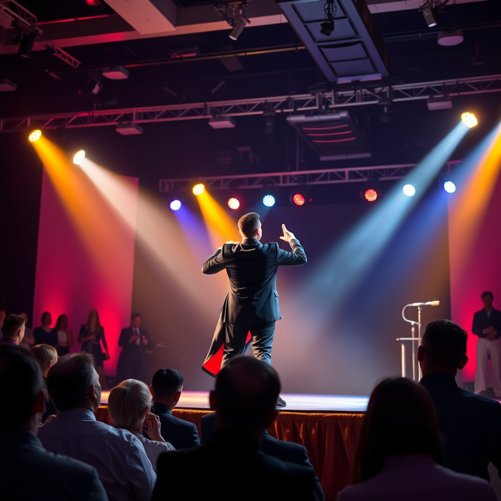 A magician performing a stage show for a corporate event. The stage is well-lit with professional lighting, and the audience is engaged and entertained. The scene should convey professionalism, excitement, and high-quality entertainment. Use vibrant colors and dynamic composition. 4K resolution, high quality.