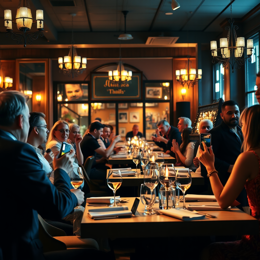 A restaurant with a magician performing, and all tables are full and animated. Focus on capturing how the magician is contributing to have a filled and animated restaurant. The image must create the felling of wealth, hapiness and that having a magician in your restaurant, contributes to better revenue. Use lighting and color to emphasize the difference. 4K resolution, high quality.