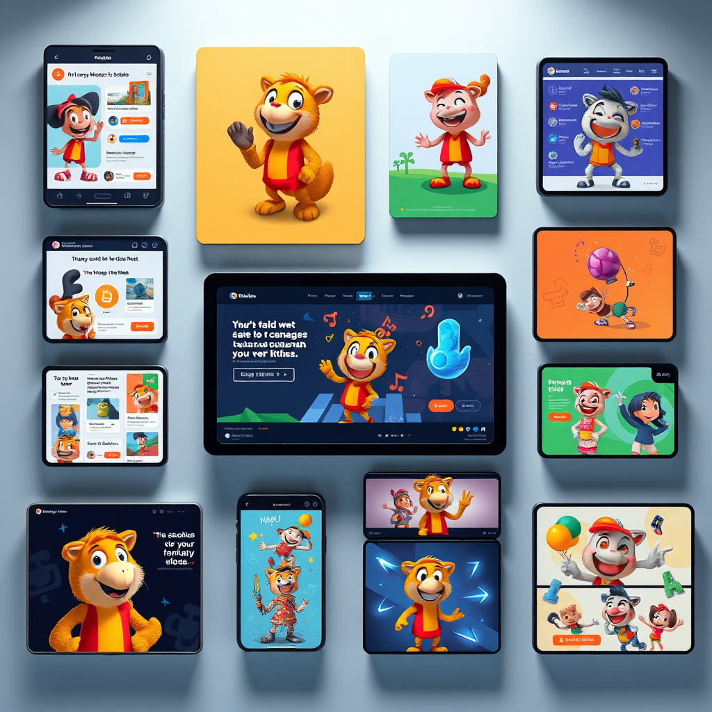 A visually diverse image showcasing a variety of digital content featuring mascot characters, including social media posts, website graphics, and animated videos. The content should be tailored to different platforms and audiences, demonstrating the studio's ability to create engaging and effective digital campaigns. The lighting should be bright and professional, reflecting the studio's expertise in digital content creation. The overall style should be modern and innovative, showcasing the power of characters to enhance online presence.