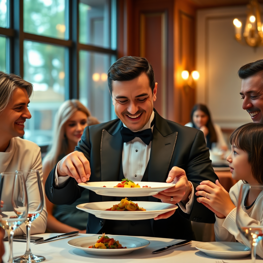 A well dressed magician, at the table of a very exclusive restaurant performing a trick with a plate. The plate should be an exclusive dish of the restaurant. The scene should convey warmth, happiness, and shared experience. Focus on the family's interactions and their positive reactions to the performance. The color palette should be bright and cheerful. 4K resolution, high quality.