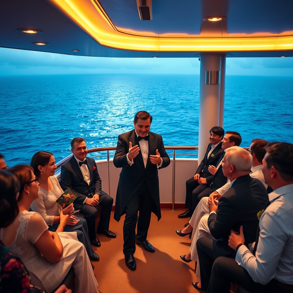 An elegant magician performing on a cruise ship, with the ocean as a backdrop. Guests are dressed in formal attire, enjoying the show. The scene should convey luxury, sophistication, and high-quality entertainment. Use warm, golden lighting to enhance the atmosphere. Focus on the magician's performance and the reactions of the audience. 4K resolution, high quality.