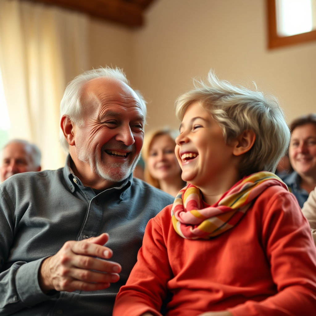 An old man with a kid, both smiling. The old man telling the kid what he witnessed when he was younger. The scene should convey warmth, happiness, and shared experience. Focus on the family's interactions and their positive reactions to the performance. The color palette should be bright and cheerful. 4K resolution, high quality.