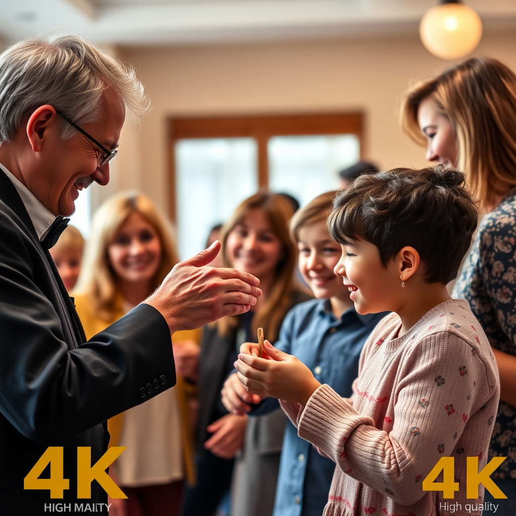 Focus on the hand to hand magic performance and guest touching the objects or performing the trick with the magician. The scene should convey warmth, happiness, and shared experience. Focus on the family's interactions and their positive reactions to the performance. The color palette should be bright and cheerful. 4K resolution, high quality.