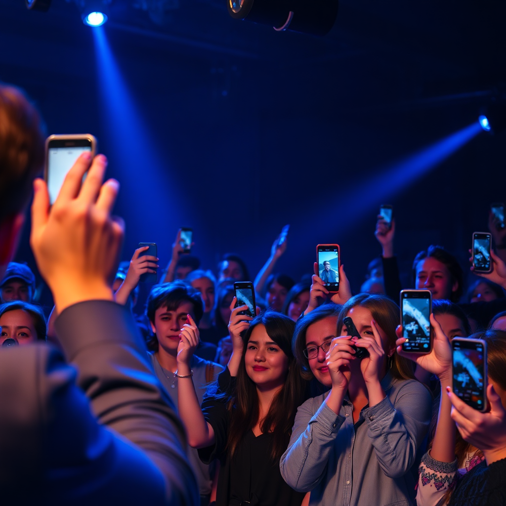 Group of people astonished, in a dark environment with blue lights, all holding their phone cameras up. The focus is on capturing people's emotions when the magician is performing a magic trick. The color palette should be bright and cheerful. 4K resolution, high quality.
