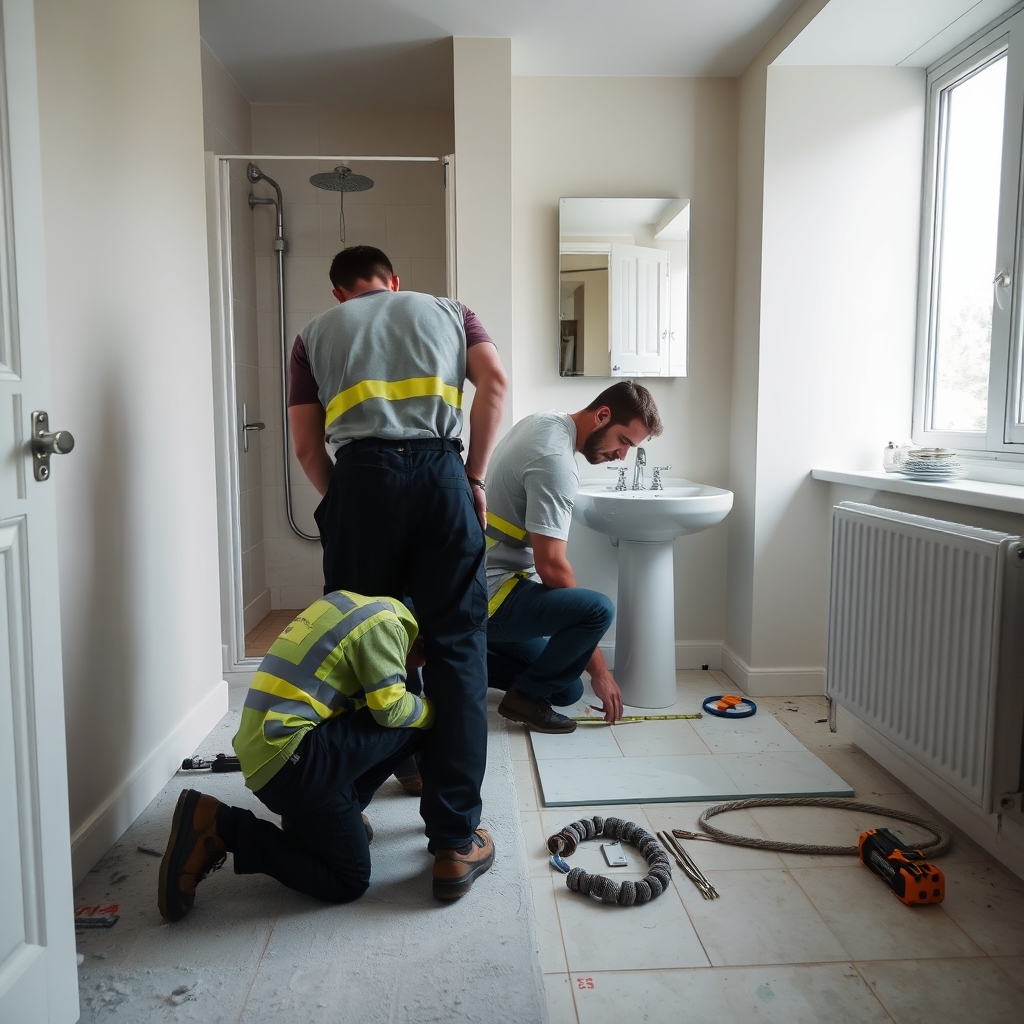 On-site bathroom renovation team in Dublin preparing a bathroom with protective coverings