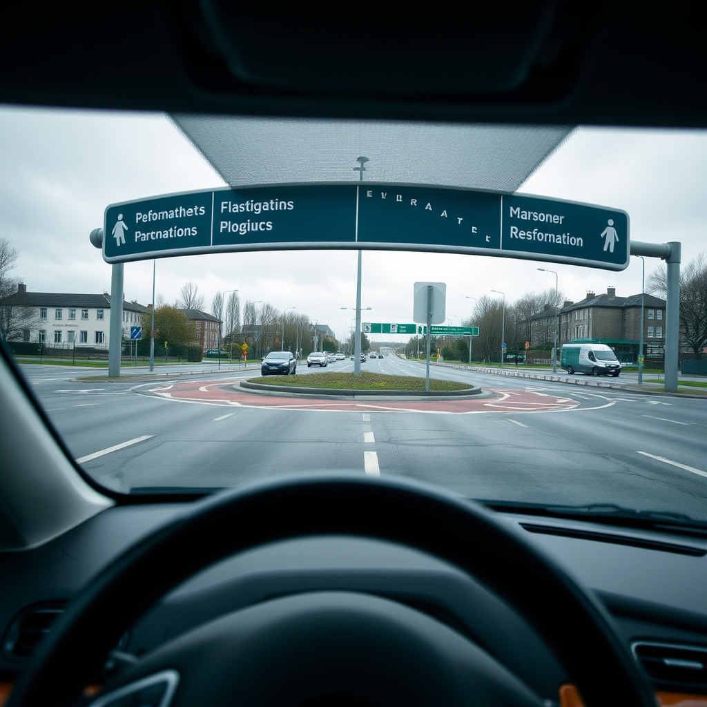 Annotated driving route snapshot showing a Dublin roundabout lane choices