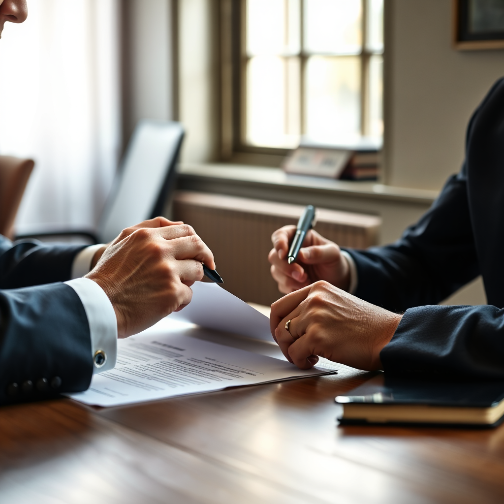 Solicitor consultation scene with documents and calm, professional atmosphere