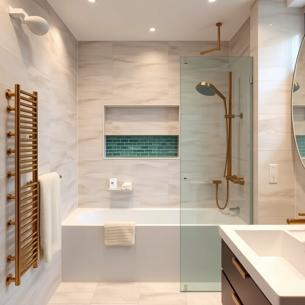 After: modern bathroom renovation with porcelain tiles and brass fixtures in Rathmines
