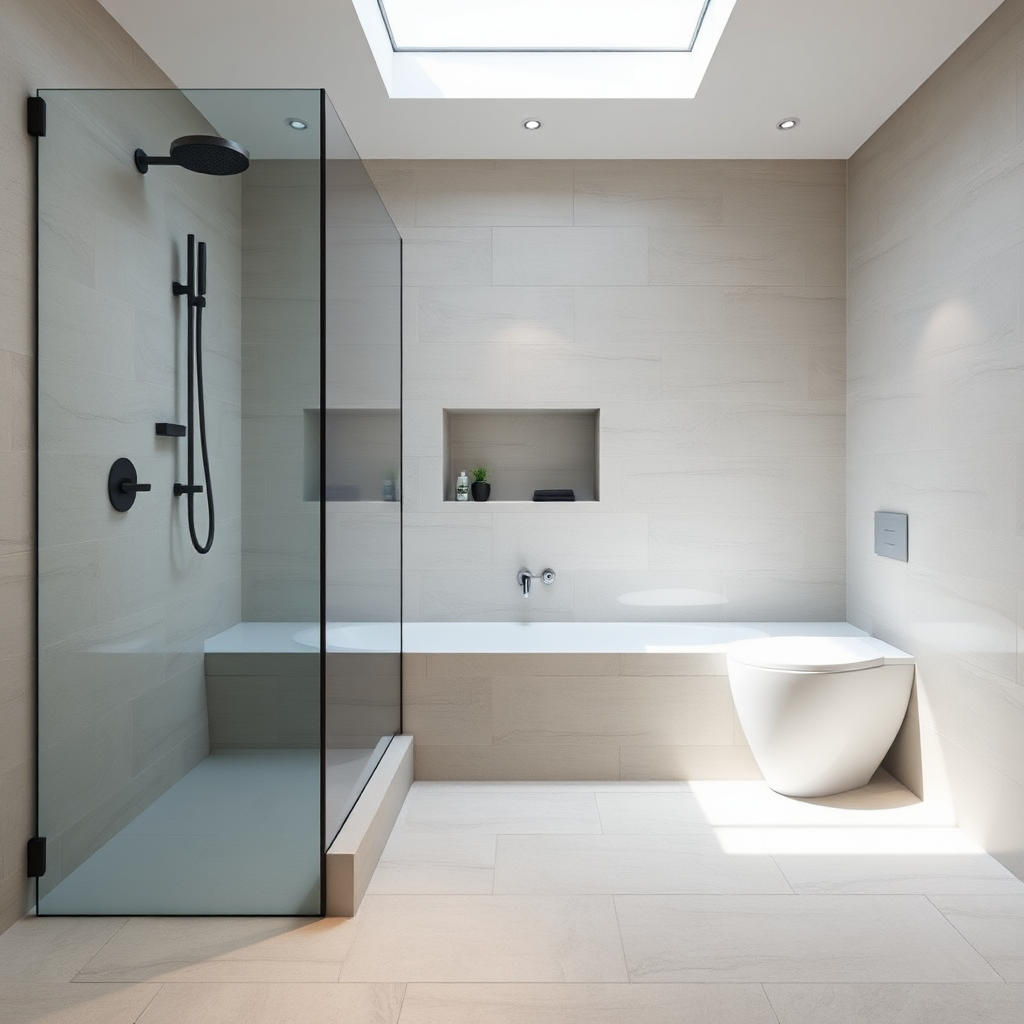 After: minimal wet room with large format tiles and frameless glass in Drumcondra