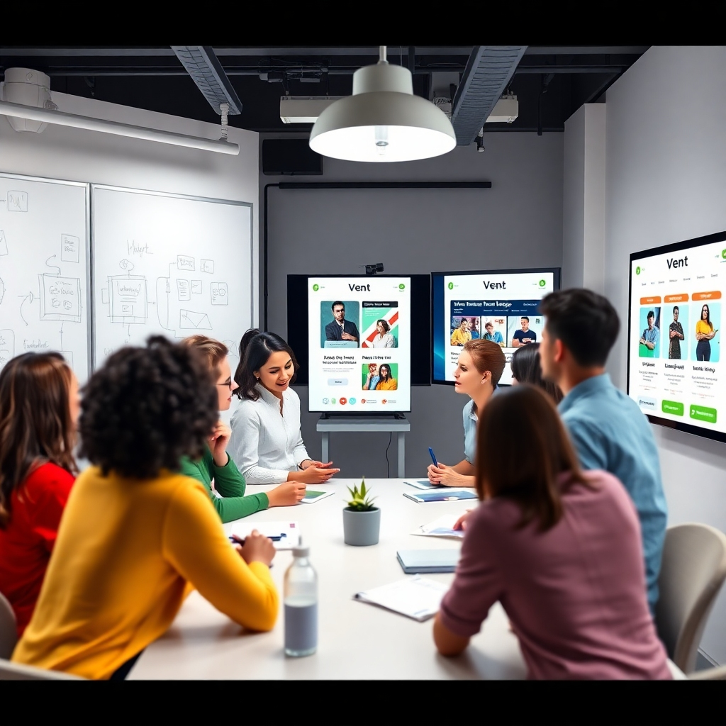 A photorealistic image of a brainstorming session with a diverse team developing marketing strategies. The scene takes place in a modern office with whiteboards covered in marketing plans and digital screens displaying Vent theme Shopify stores. The lighting is bright and collaborative, fostering creativity. The color palette is vibrant and energetic. Style reference: modern corporate office. Technical specifications: 4K resolution, high-quality rendering, professional lighting.