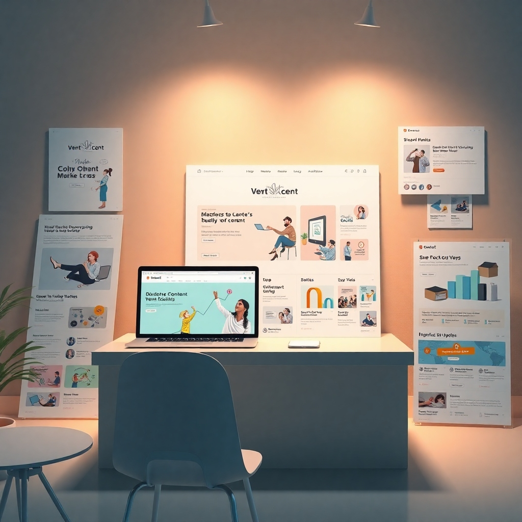 A photorealistic image showcasing engaging content marketing materials for a Vent theme Shopify store. The scene features blog posts, infographics, and social media updates. The lighting is bright and informative. The color palette is consistent with the brand. Style reference: modern content marketing. Technical specifications: 4K resolution, high-quality rendering, professional lighting.